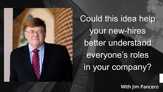 Graphic showing Jim Pancero in an archway with the text, "Could this idea help your new-hires better understand everyone’s roles in your company?" on the right.