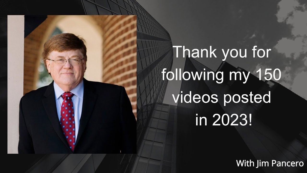 Graphic showing Jim Pancero in an archway with the text, "Thank you for following my 150 videos posted in 2023!"