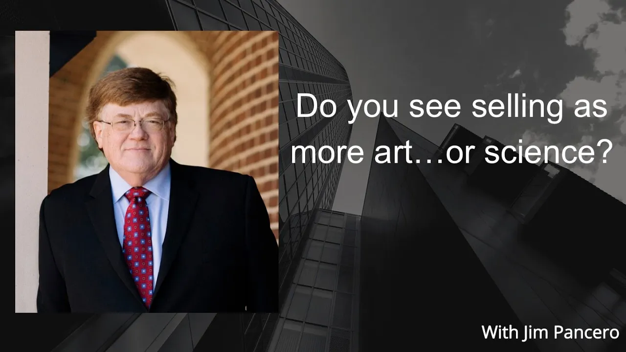 Graphic showing Jim Pancero in an archway with the text, "Do you see selling as more art…or science?" on the right.