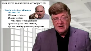 Graphic showing Jim Pancero with a "Four Steps to Handling Any Objection" slide over his right shoulder